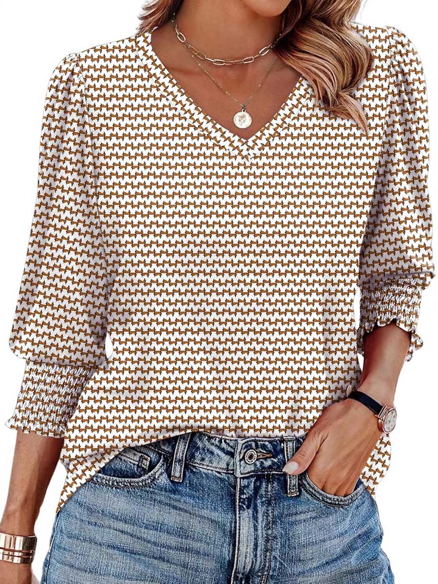 Long Sleeves Loose Contrast Color Pleated Printed Split-Joint V-Neck T-Shirts Tops - Image 4