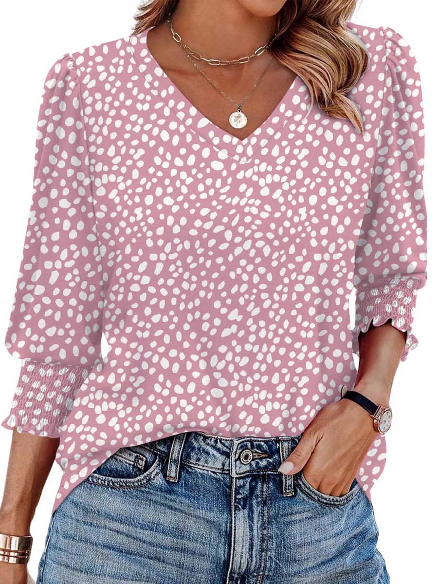 Long Sleeves Loose Contrast Color Pleated Printed Split-Joint V-Neck T-Shirts Tops - Image 5
