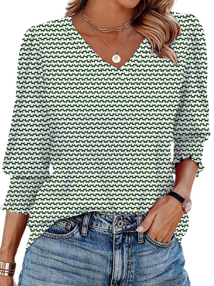 Long Sleeves Loose Contrast Color Pleated Printed Split-Joint V-Neck T-Shirts Tops - Image 6