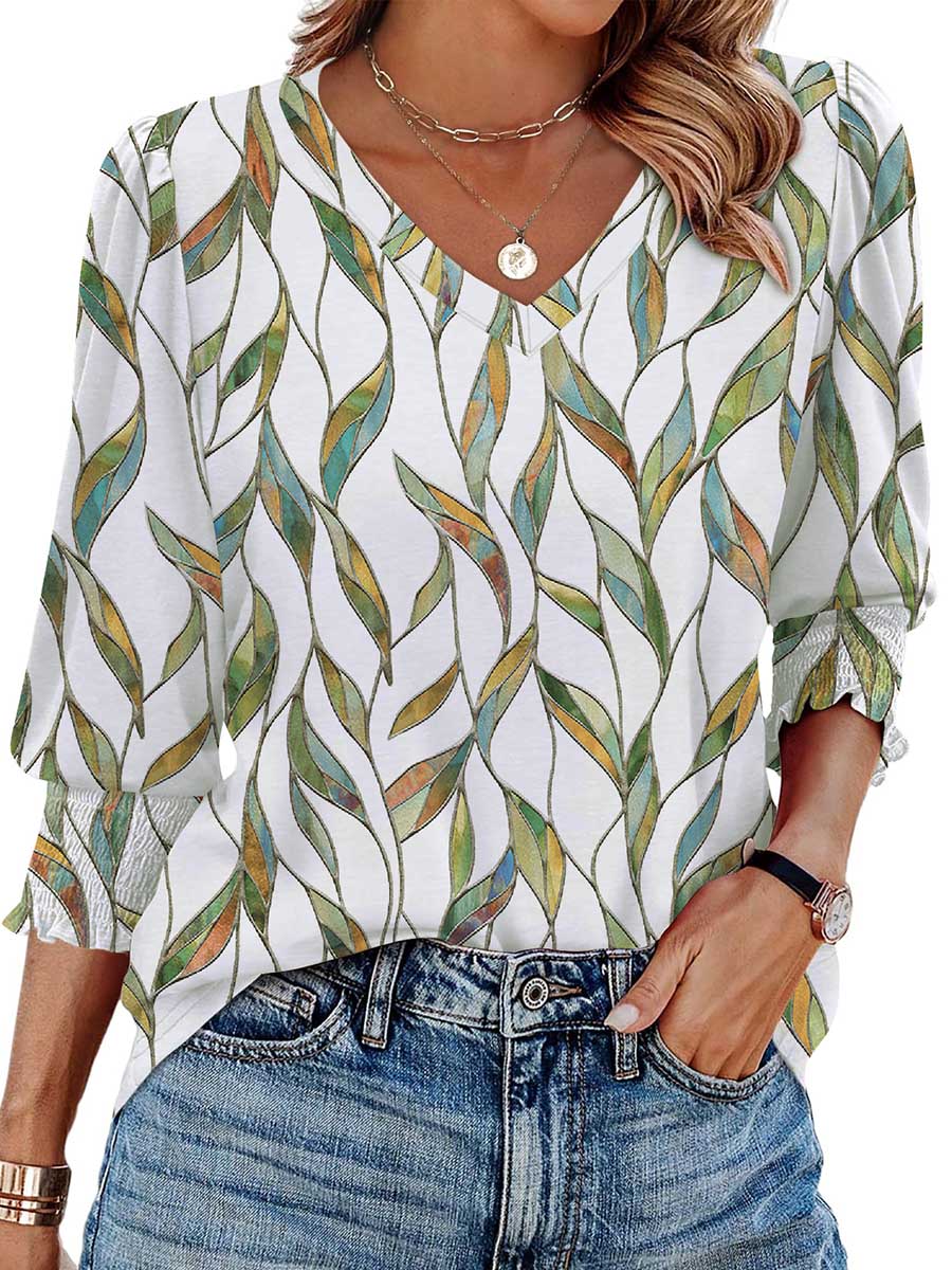 Long Sleeves Loose Contrast Color Pleated Printed Split-Joint V-Neck T-Shirts Tops - Image 7