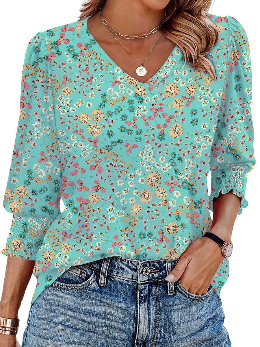 Long Sleeves Loose Contrast Color Pleated Printed Split-Joint V-Neck T-Shirts Tops - Image 8