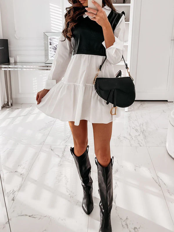 Long Sleeves Loose Contrast Color Pleated Split-Joint Lapel Mini Dresses - Image 12