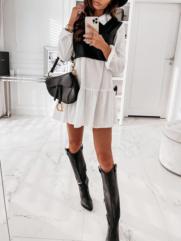 Long Sleeves Loose Contrast Color Pleated Split-Joint Lapel Mini Dresses - Image 13