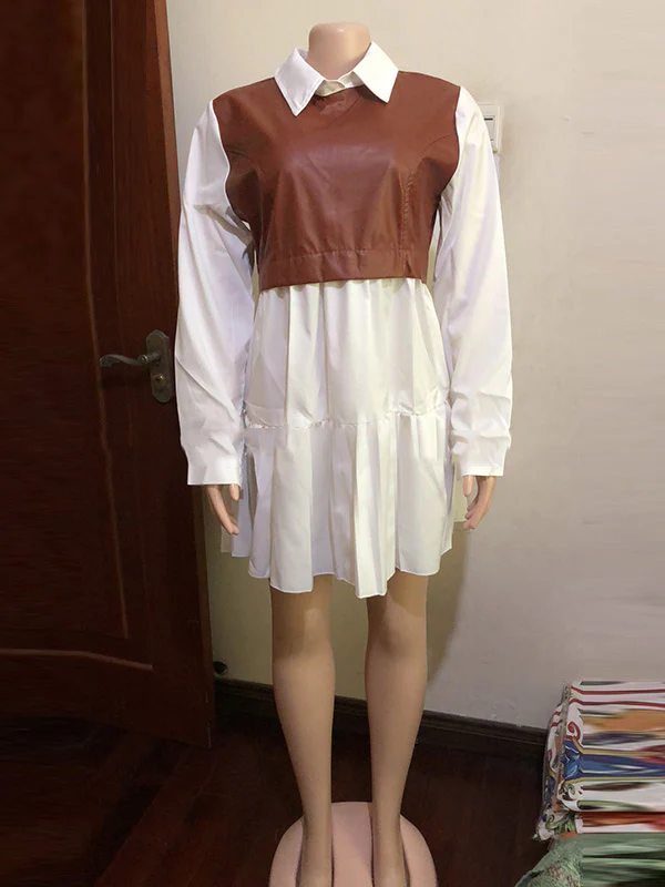 Long Sleeves Loose Contrast Color Pleated Split-Joint Lapel Mini Dresses - Image 14