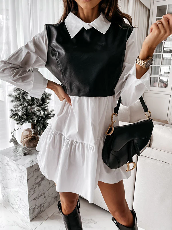 Long Sleeves Loose Contrast Color Pleated Split-Joint Lapel Mini Dresses - Image 2