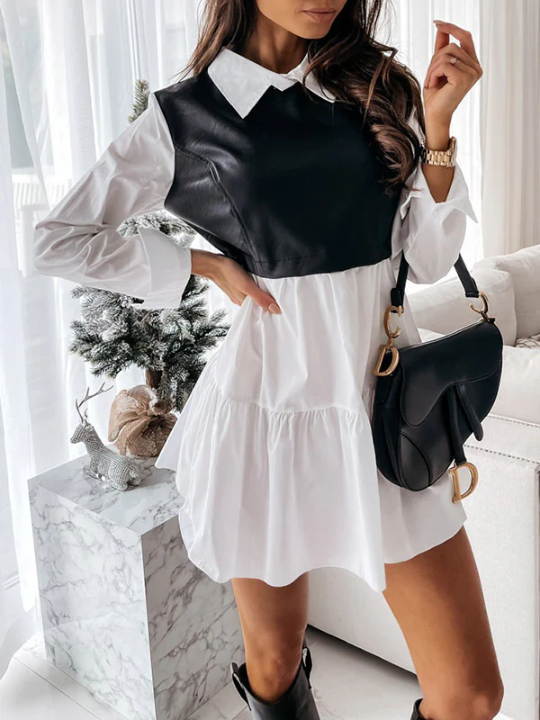 Long Sleeves Loose Contrast Color Pleated Split-Joint Lapel Mini Dresses - Image 3