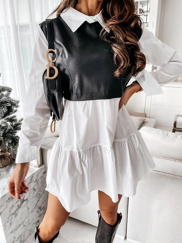 Long Sleeves Loose Contrast Color Pleated Split-Joint Lapel Mini Dresses - Image 4