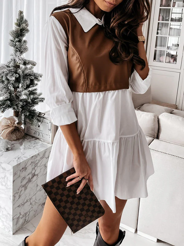Long Sleeves Loose Contrast Color Pleated Split-Joint Lapel Mini Dresses - Image 6