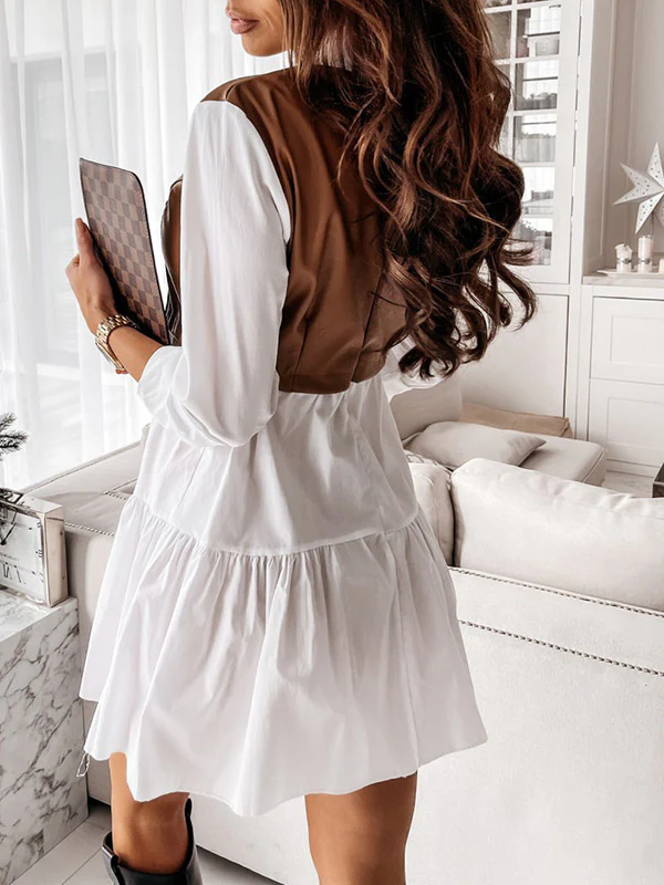 Long Sleeves Loose Contrast Color Pleated Split-Joint Lapel Mini Dresses - Image 7