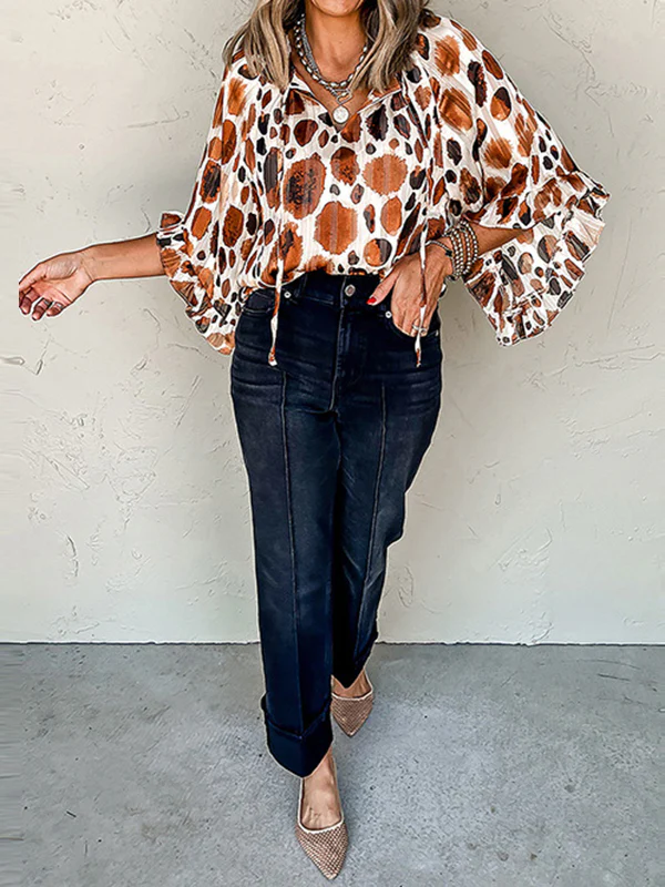 Long Sleeves Loose Contrast Color Pleated Split-Joint V-neck Blouses&shirts Tops - Image 4