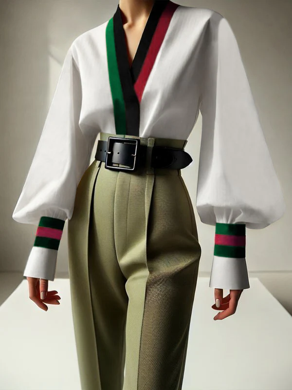 Long Sleeves Loose Contrast Color Pleated V-Neck Blouses&Shirts Tops - Image 2