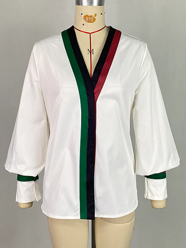 Long Sleeves Loose Contrast Color Pleated V-Neck Blouses&Shirts Tops - Image 3