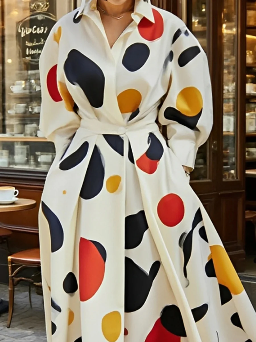 Long Sleeves Loose Contrast Color Pockets Polka-Dot Printing Lapel Maxi Dresses Shirt Dress - Image 2