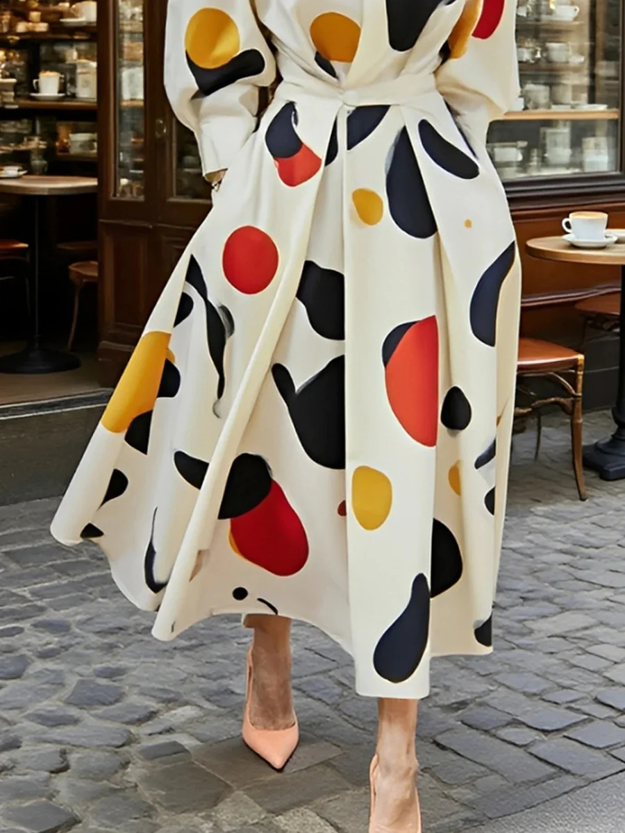 Long Sleeves Loose Contrast Color Pockets Polka-Dot Printing Lapel Maxi Dresses Shirt Dress - Image 3
