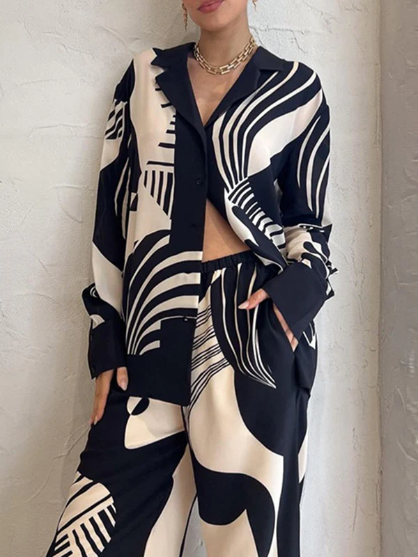 Long Sleeves Loose Contrast Color Pockets Printed Blouses&Pants Suits - Image 2