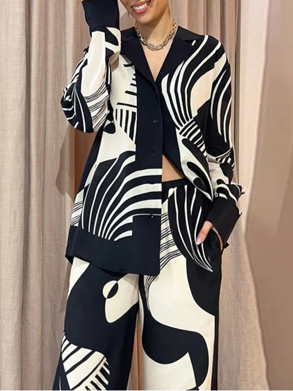Long Sleeves Loose Contrast Color Pockets Printed Blouses&Pants Suits - Image 3