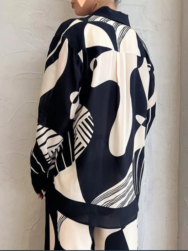 Long Sleeves Loose Contrast Color Pockets Printed Blouses&Pants Suits - Image 4