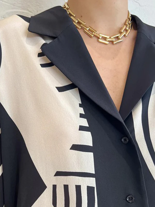 Long Sleeves Loose Contrast Color Pockets Printed Blouses&Pants Suits - Image 5