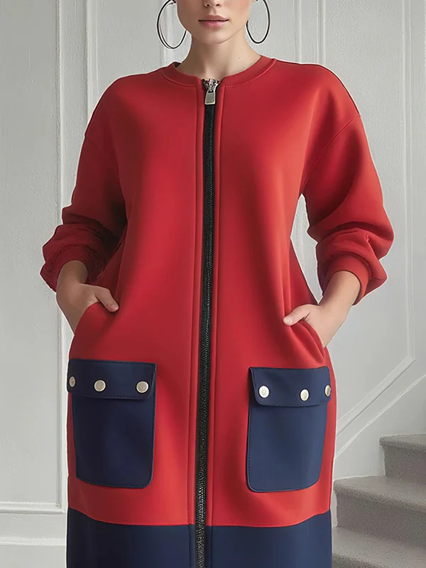 Long Sleeves Loose Contrast Color Pockets Split-Joint Zipper Round-Neck Midi Dresses - Image 2