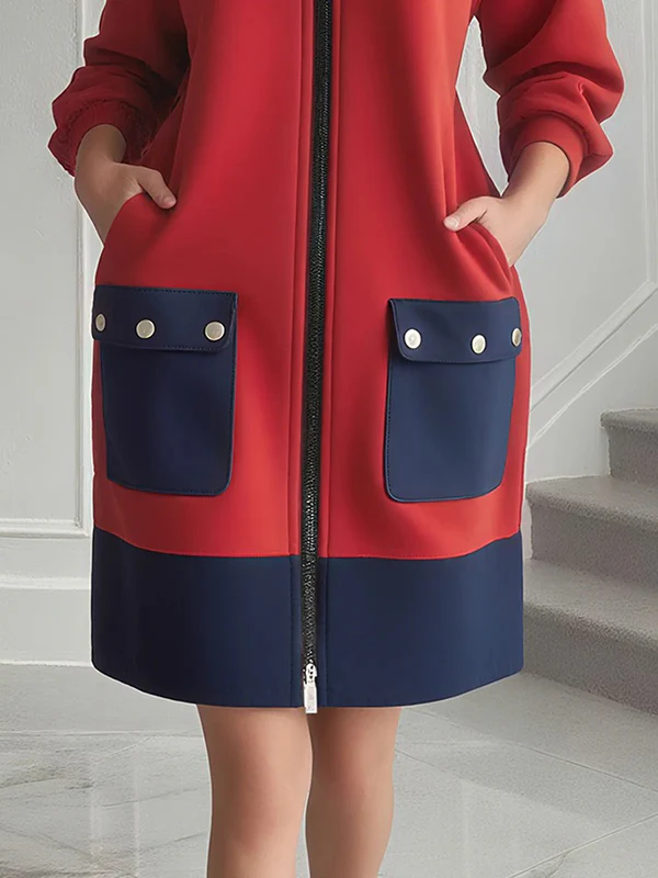 Long Sleeves Loose Contrast Color Pockets Split-Joint Zipper Round-Neck Midi Dresses - Image 3