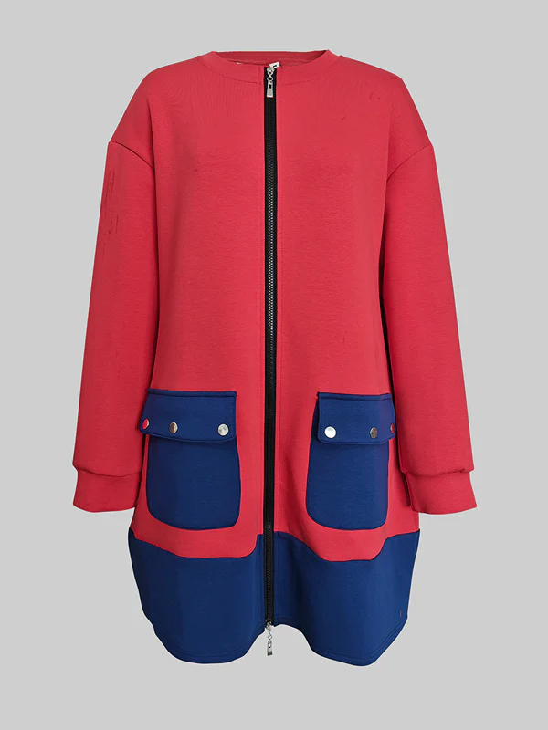 Long Sleeves Loose Contrast Color Pockets Split-Joint Zipper Round-Neck Midi Dresses - Image 4