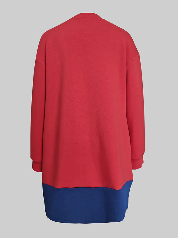 Long Sleeves Loose Contrast Color Pockets Split-Joint Zipper Round-Neck Midi Dresses - Image 5