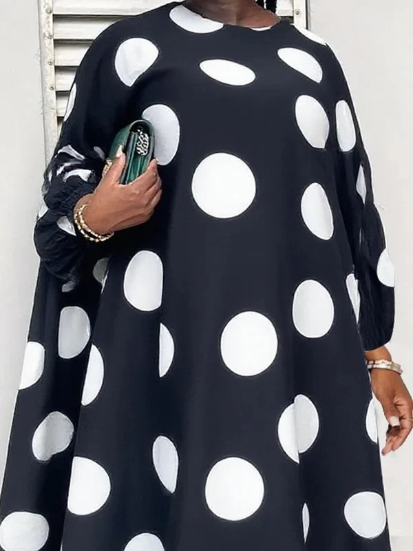 Long Sleeves Loose Contrast Color Polka-Dot Round-Neck Maxi Dresses - Image 2