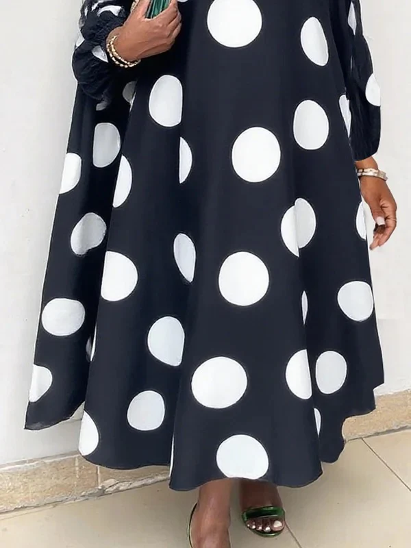 Long Sleeves Loose Contrast Color Polka-Dot Round-Neck Maxi Dresses - Image 3