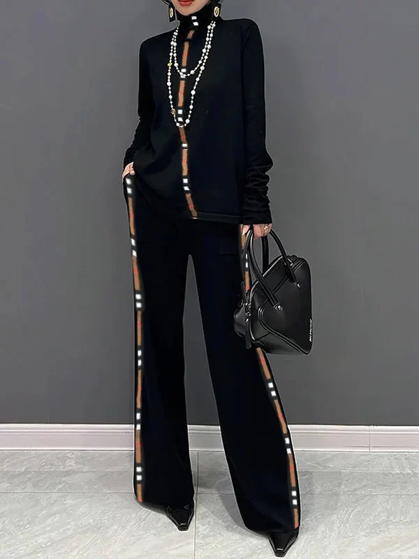 Long Sleeves Loose Contrast Color Printed High Neck T-Shirts Tops - Image 2