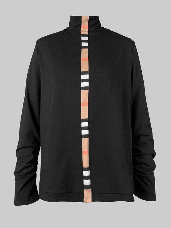 Long Sleeves Loose Contrast Color Printed High Neck T-Shirts Tops - Image 3