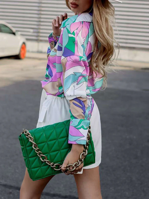 Long Sleeves Loose Contrast Color Printed Lapel Blouses - Image 10