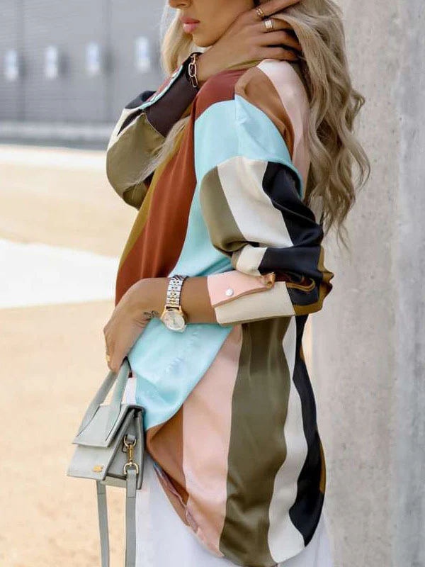 Long Sleeves Loose Contrast Color Printed Lapel Blouses - Image 11
