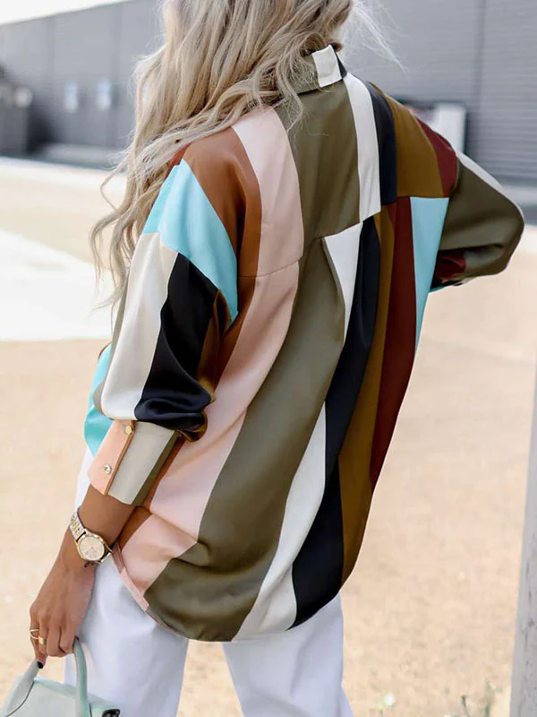 Long Sleeves Loose Contrast Color Printed Lapel Blouses - Image 12