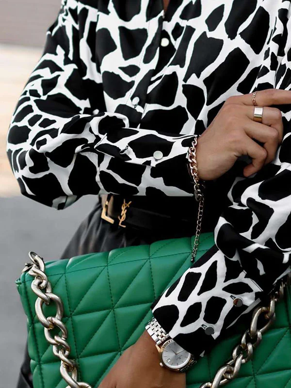 Long Sleeves Loose Contrast Color Printed Lapel Blouses - Image 15