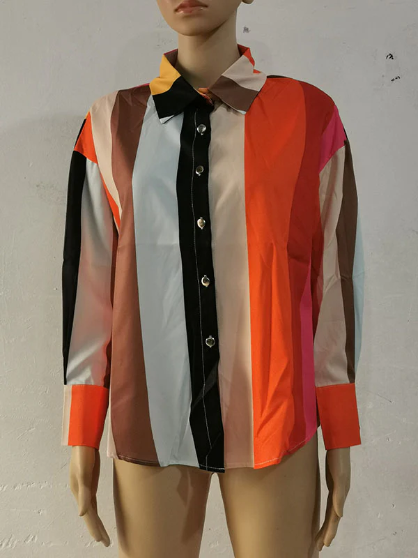 Long Sleeves Loose Contrast Color Printed Lapel Blouses - Image 16