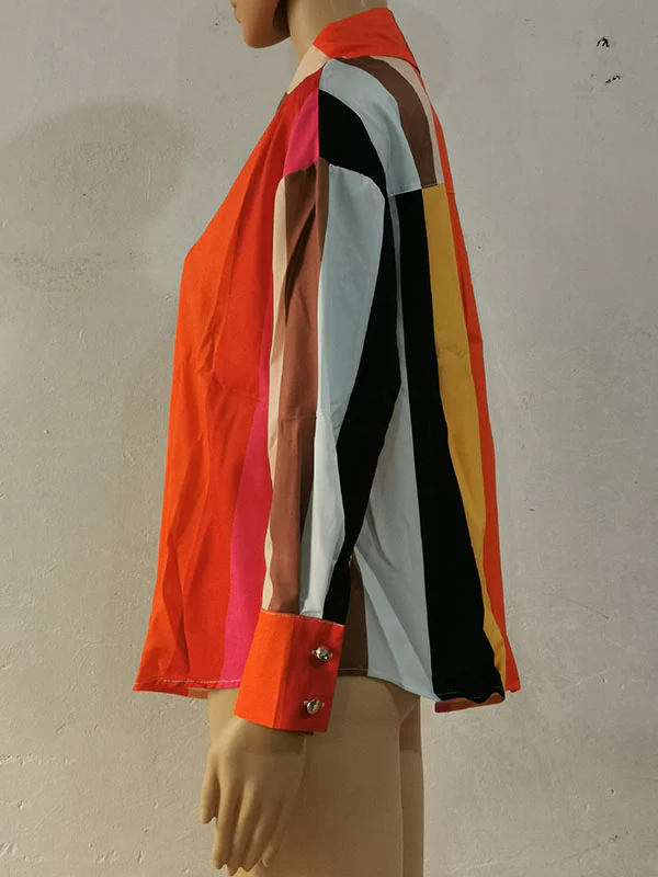 Long Sleeves Loose Contrast Color Printed Lapel Blouses - Image 17