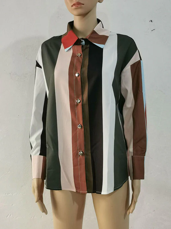 Long Sleeves Loose Contrast Color Printed Lapel Blouses - Image 19