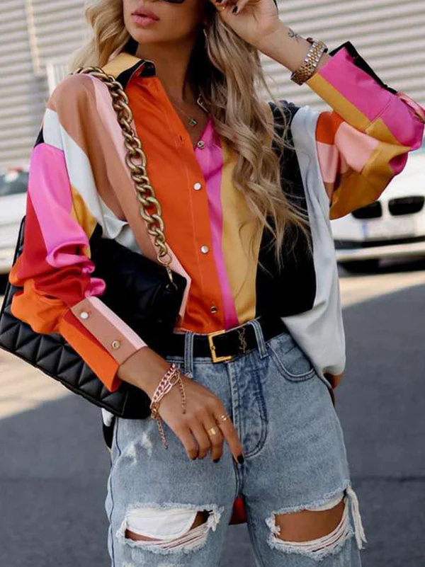 Long Sleeves Loose Contrast Color Printed Lapel Blouses - Image 2