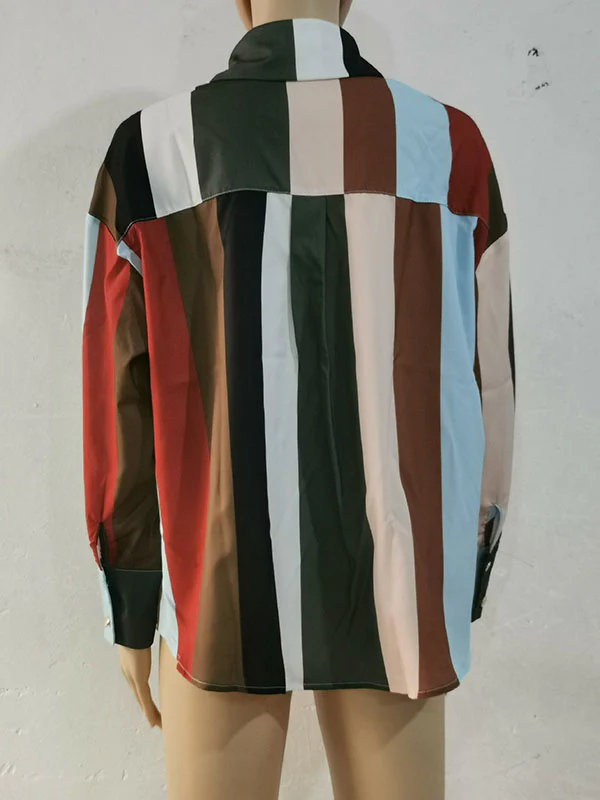 Long Sleeves Loose Contrast Color Printed Lapel Blouses - Image 21