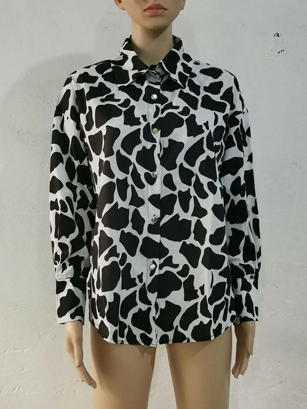 Long Sleeves Loose Contrast Color Printed Lapel Blouses - Image 22