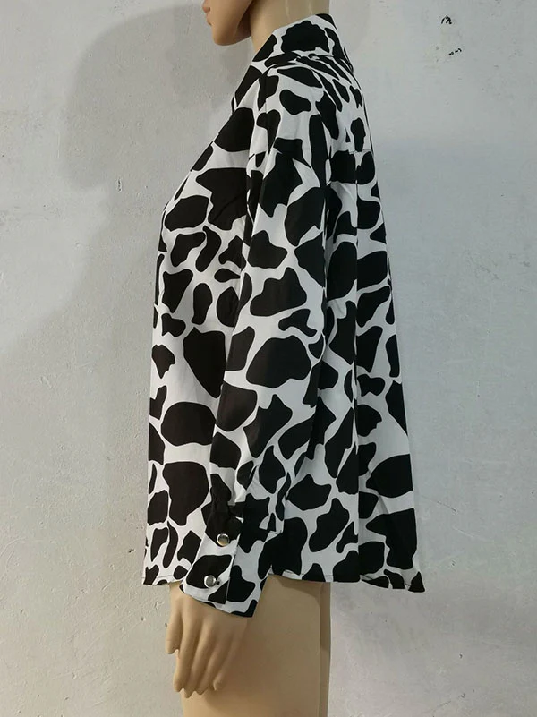 Long Sleeves Loose Contrast Color Printed Lapel Blouses - Image 23