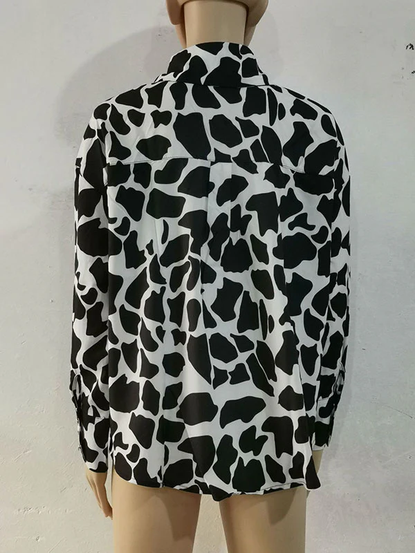 Long Sleeves Loose Contrast Color Printed Lapel Blouses - Image 24