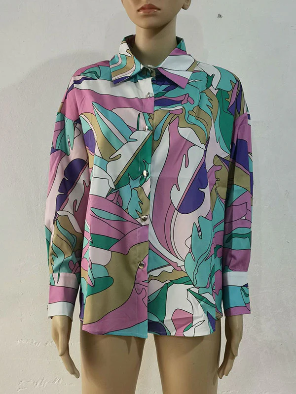 Long Sleeves Loose Contrast Color Printed Lapel Blouses - Image 25