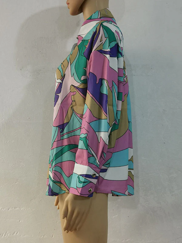 Long Sleeves Loose Contrast Color Printed Lapel Blouses - Image 26