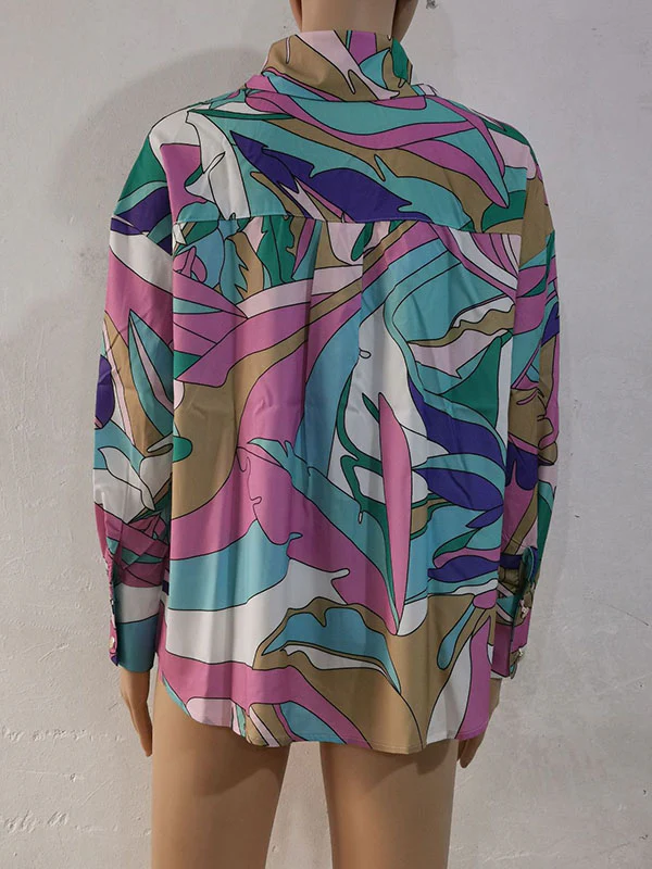Long Sleeves Loose Contrast Color Printed Lapel Blouses - Image 27