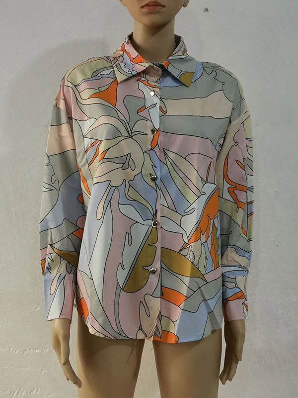 Long Sleeves Loose Contrast Color Printed Lapel Blouses - Image 28
