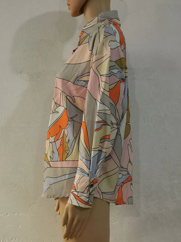 Long Sleeves Loose Contrast Color Printed Lapel Blouses - Image 29