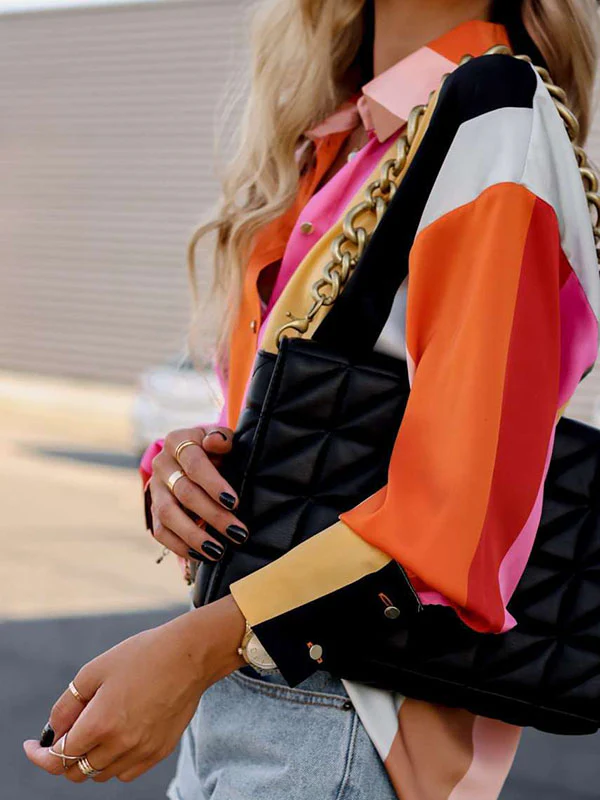 Long Sleeves Loose Contrast Color Printed Lapel Blouses - Image 3