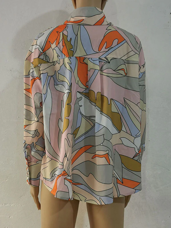Long Sleeves Loose Contrast Color Printed Lapel Blouses - Image 30