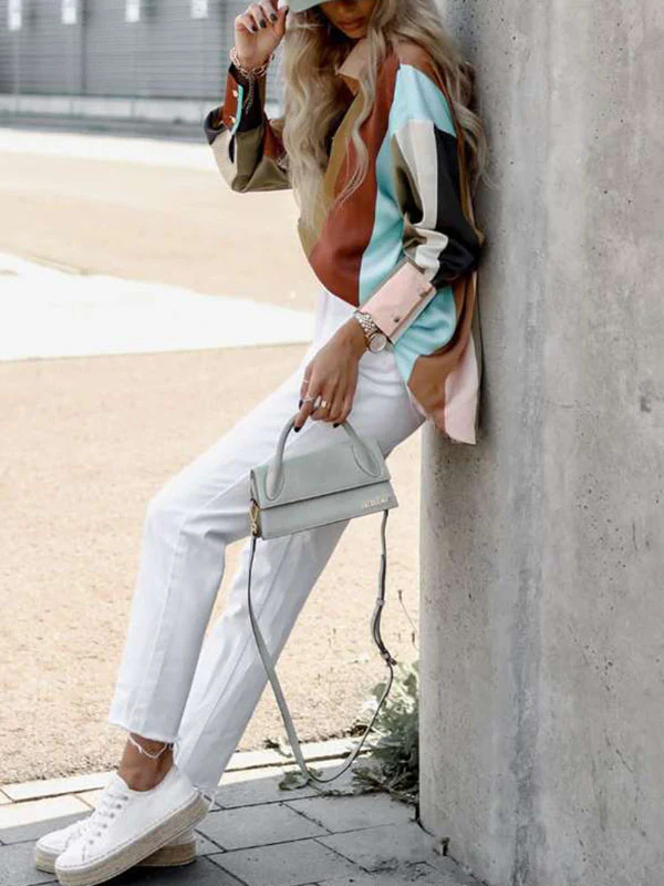 Long Sleeves Loose Contrast Color Printed Lapel Blouses - Image 32